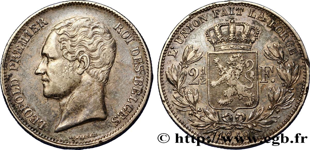 BELGIUM - KINGDOM OF BELGIUM - LEOPOLD I 2 1/2 Francs petite tête nue  1849 Bruxelles XF 