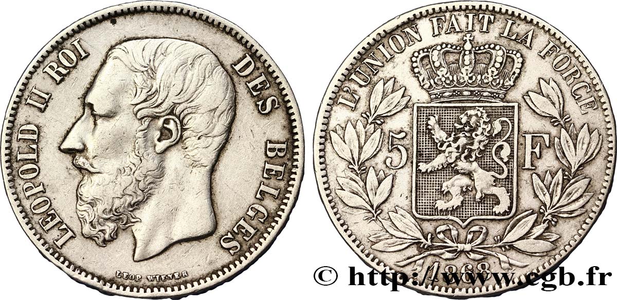 BELGIUM 5 Francs Léopold II  1868  VF 