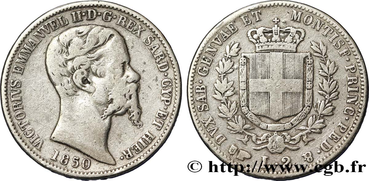 ITALIA 2 Lire Victor Emmanuel II 1850 Turin MB 
