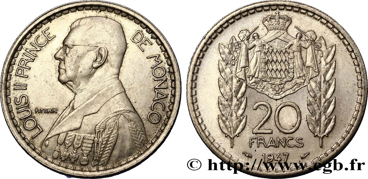 MONACO 20 Francs prince Louis II / armes 1947 Paris EBC 