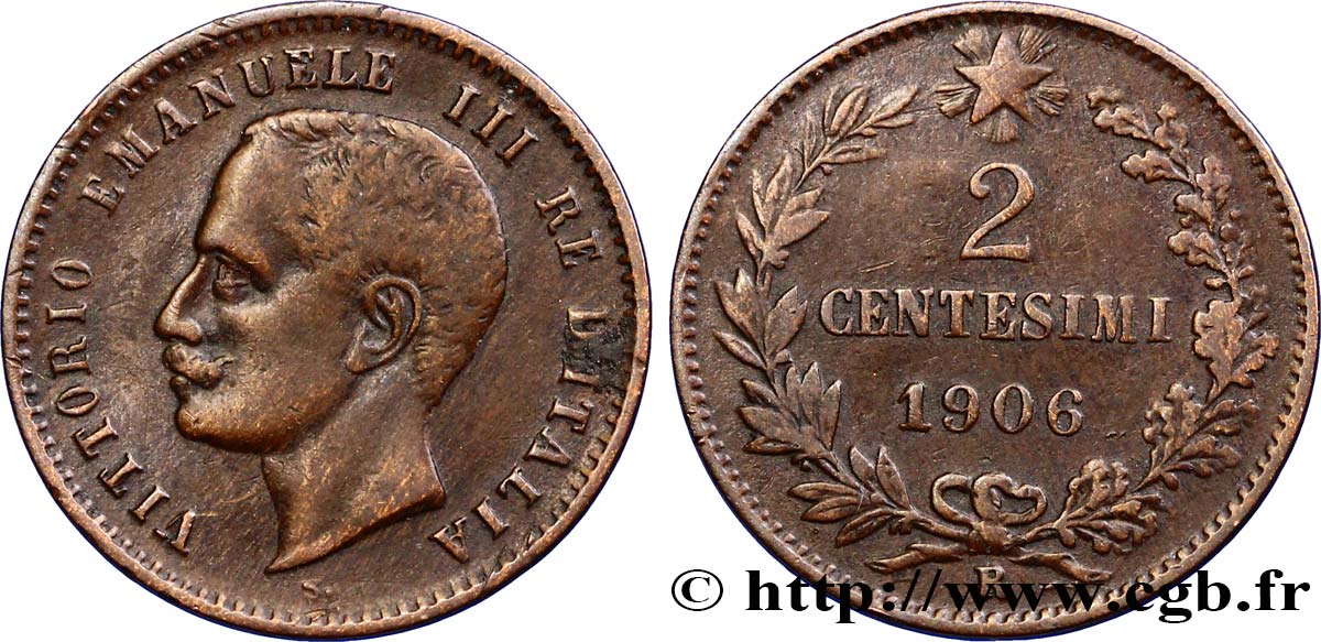 ITALIA 2 Centesimi Victor Emmanuel III 1906 Rome - R BC+ 