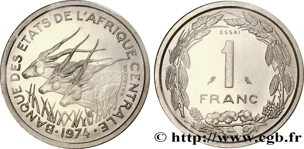 ESTADOS DE ÁFRICA CENTRAL
 Essai de 1 Franc antilopes 1974 Paris FDC 