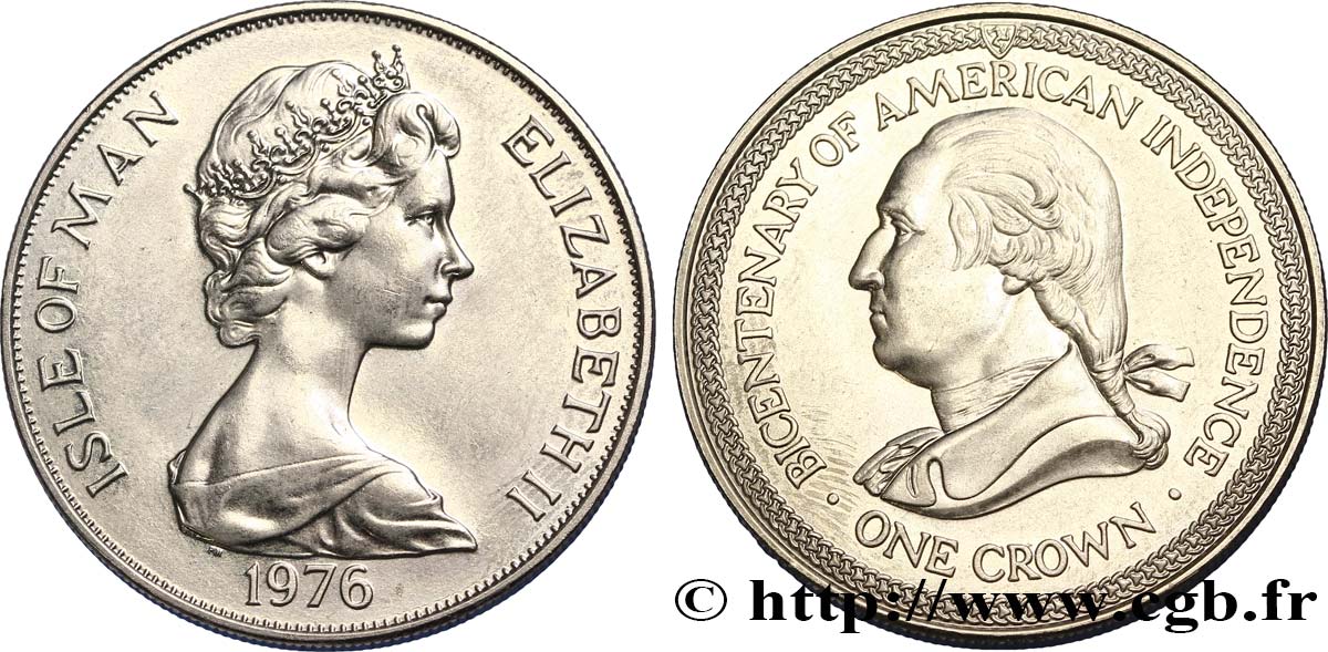 ISLE OF MAN 1 Crown bicentenaire de la l’Indépendance américaine : Elisabeth II / Georges Washington 1976  AU 
