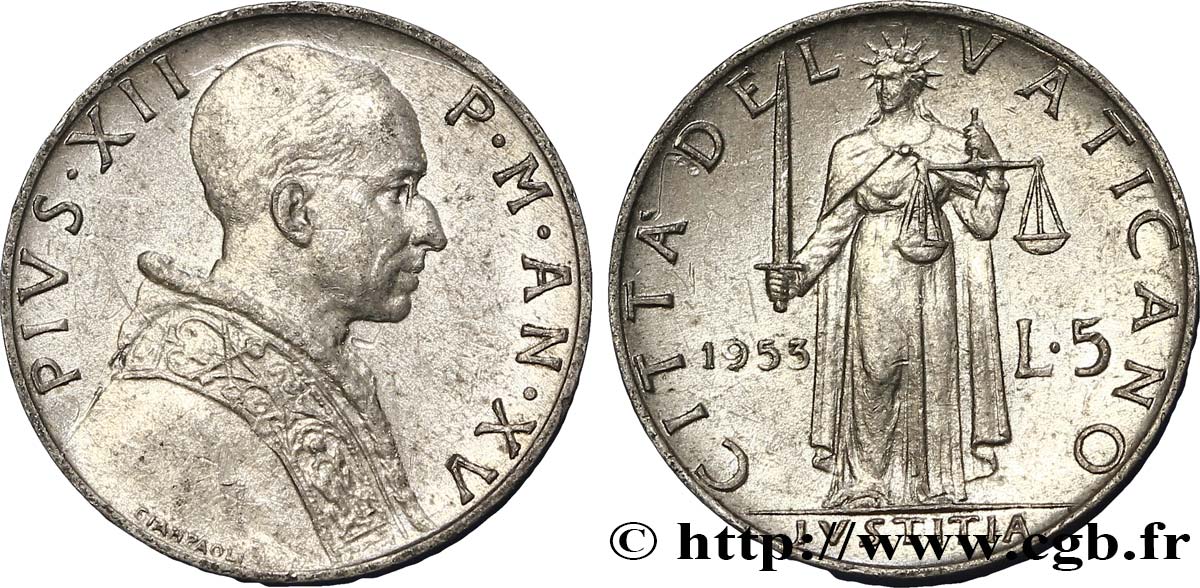 VATICAN AND PAPAL STATES 5 Lire Pie XII an XV / la ‘Justice’ 1953 Rome - R AU 