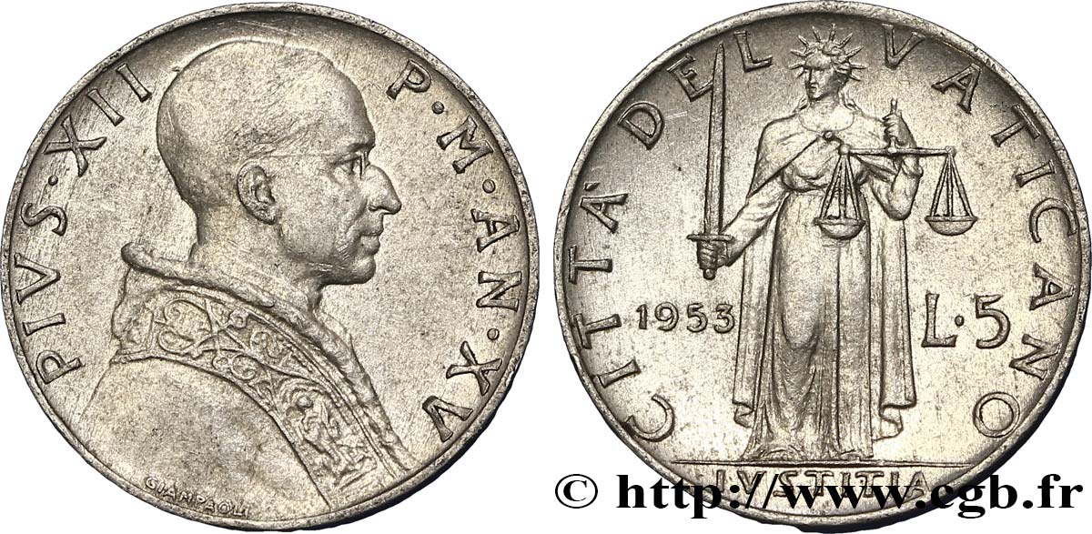 VATICAN AND PAPAL STATES 5 Lire Pie XII an XV / la ‘Justice’ 1953 Rome - R XF 