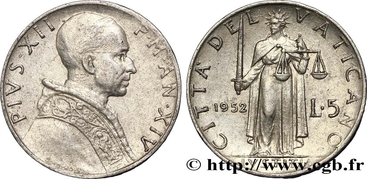 VATICAN AND PAPAL STATES 5 Lire Pie XII an XIV / la ‘Justice’ 1952 Rome - R XF 