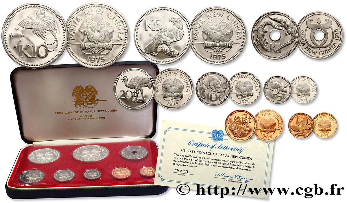 PAPUA NUOVA GUINEA Série Proof 8 monnaies 1975 Franklin Mint FDC 