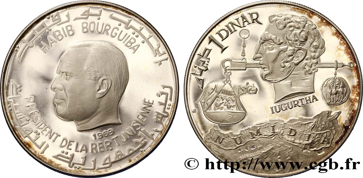 TUNESIEN 1 Dinar Habib Bourguiba / Jugurtha 1969  VZ 