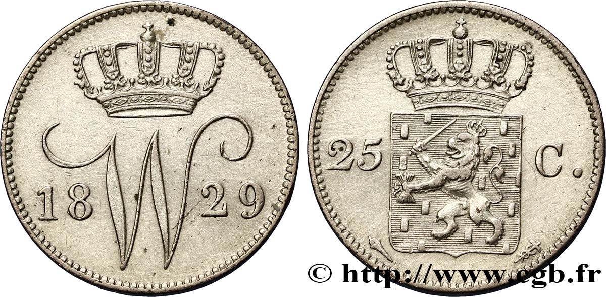 PAESI BASSI 25 Cents monogramme Guillaume Ier 1829 Utrecht SPL 