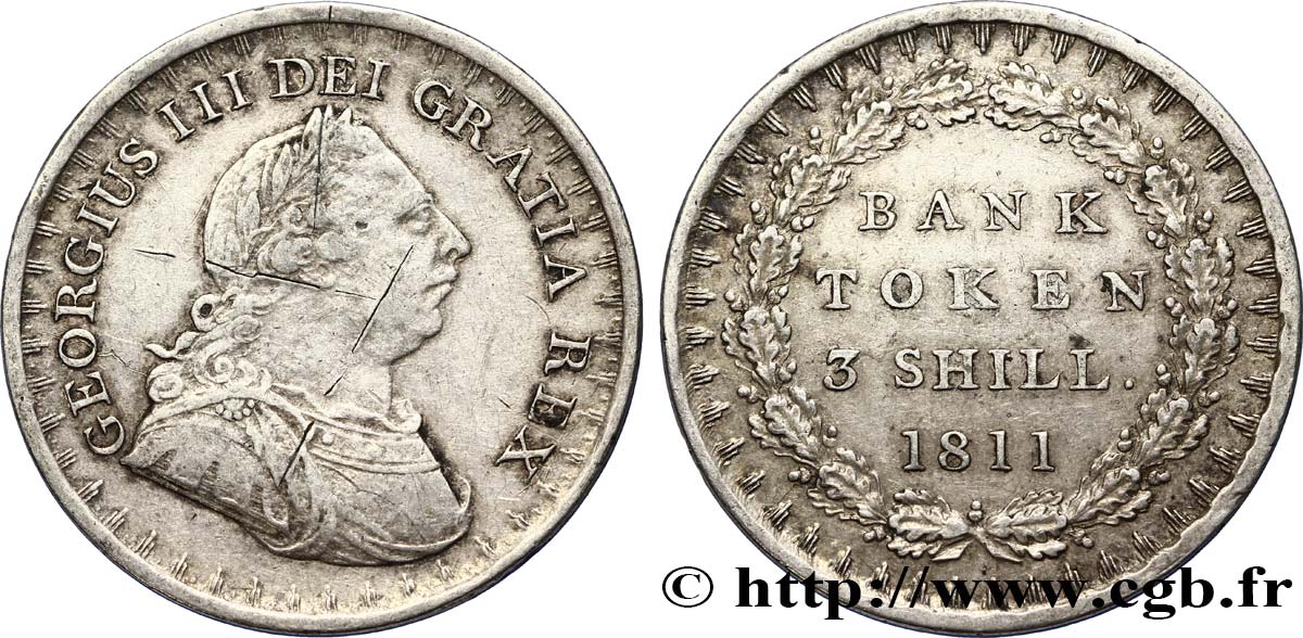 ROYAUME-UNI 3 Shillings Georges III Bank token 1811  TTB 