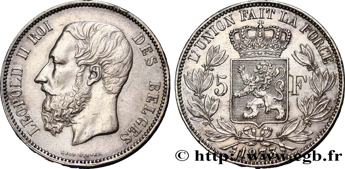 BELGIUM 5 Francs Léopold II 1873  XF/AU 