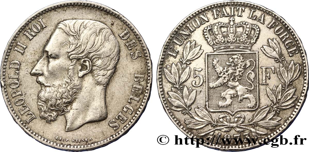 BELGIUM 5 Francs Léopold II 1873  VF/AU 