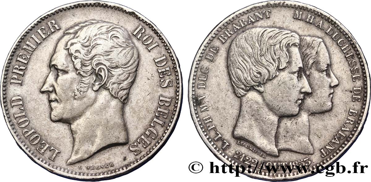 BELGIO 5 Francs mariage du Duc et de la Duchesse de Brabant 1853  BB 