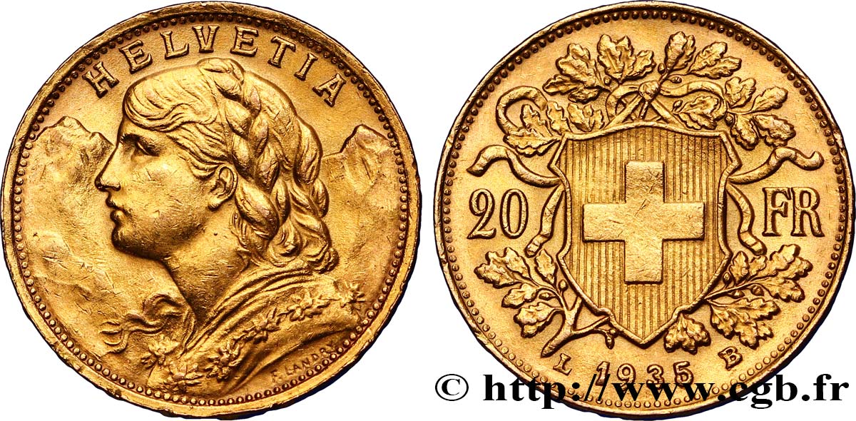 SWITZERLAND 20 Francs or  Vreneli  1935 Berne AU 