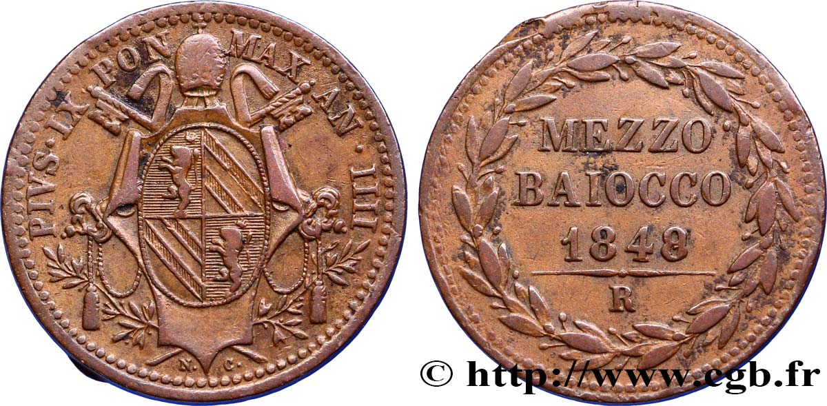 VATICAN AND PAPAL STATES 1/2 Baiocco 1848 Rome XF 