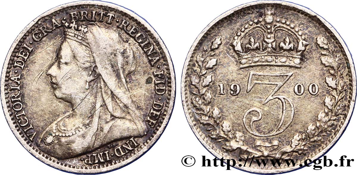 UNITED KINGDOM 3 Pence Victoria buste du jubilé 1900  XF 