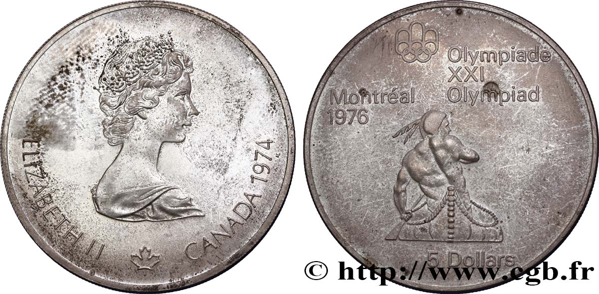 CANADá
 5 Dollars Proof JO Montréal 1976 indien sur canoë / Elisabeth II 1974  EBC 