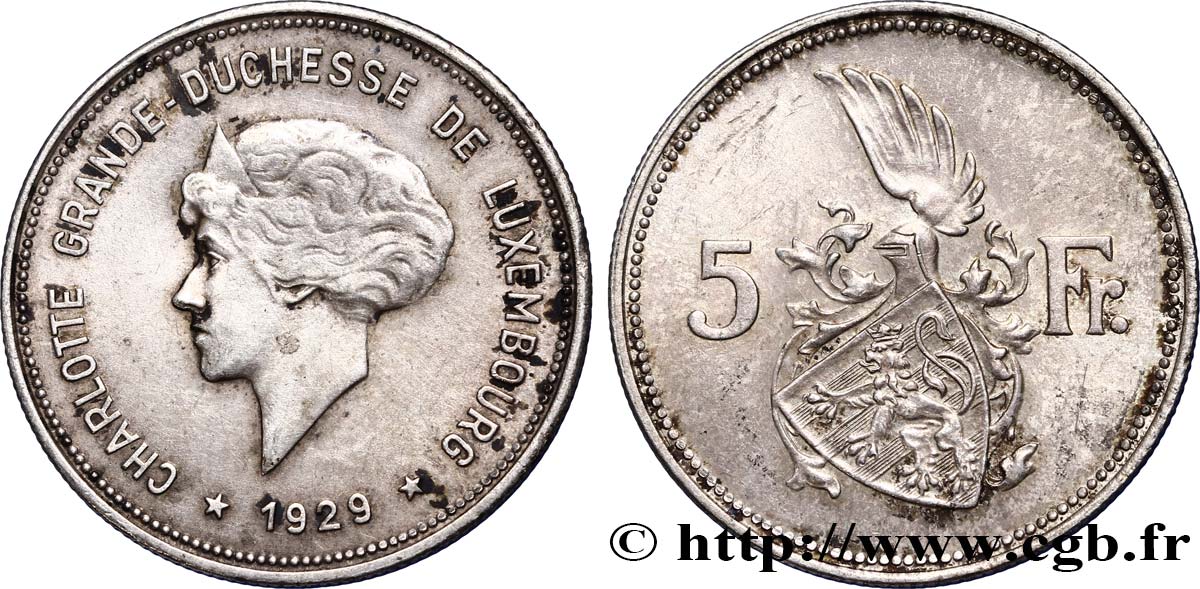 LUXEMBOURG 5 Francs Grande-Duchesse Charlotte 1929  XF/AU 