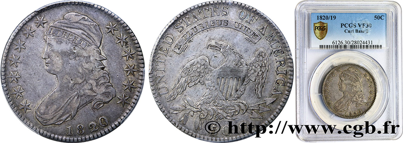 ÉTATS-UNIS D AMÉRIQUE 1/2 Dollar type “Capped Bust” 1820/19 Philadelphie TB30 PCGS