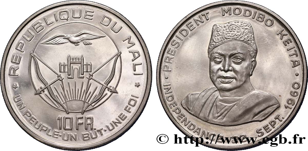 MALI 10 Francs Proof commémoration de l’indépendance / président Modibo Keita 1960 Paris AU 