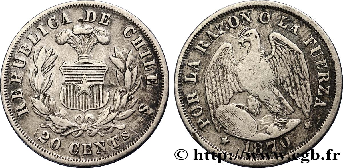 CHILE 20 Centavos condor 1870 Santiago VF 