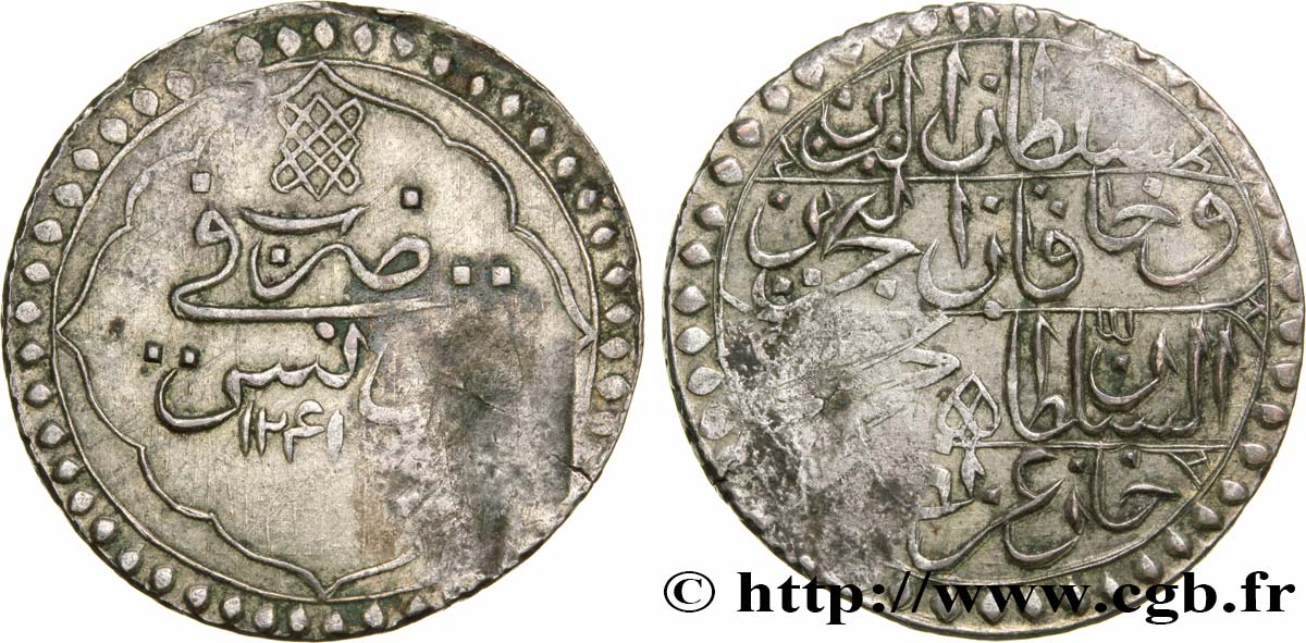 TUNISIA 1 Piastre au nom de Mahmud II an 1241 1825  VF 