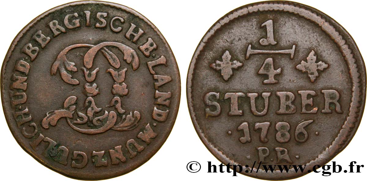 ALLEMAGNE - JULIERS-BERG 1/4 Stuber Duché de Jülich-Berg monogramme de Carl Théodore de Bavière 1786 Düsseldorf TB+ 