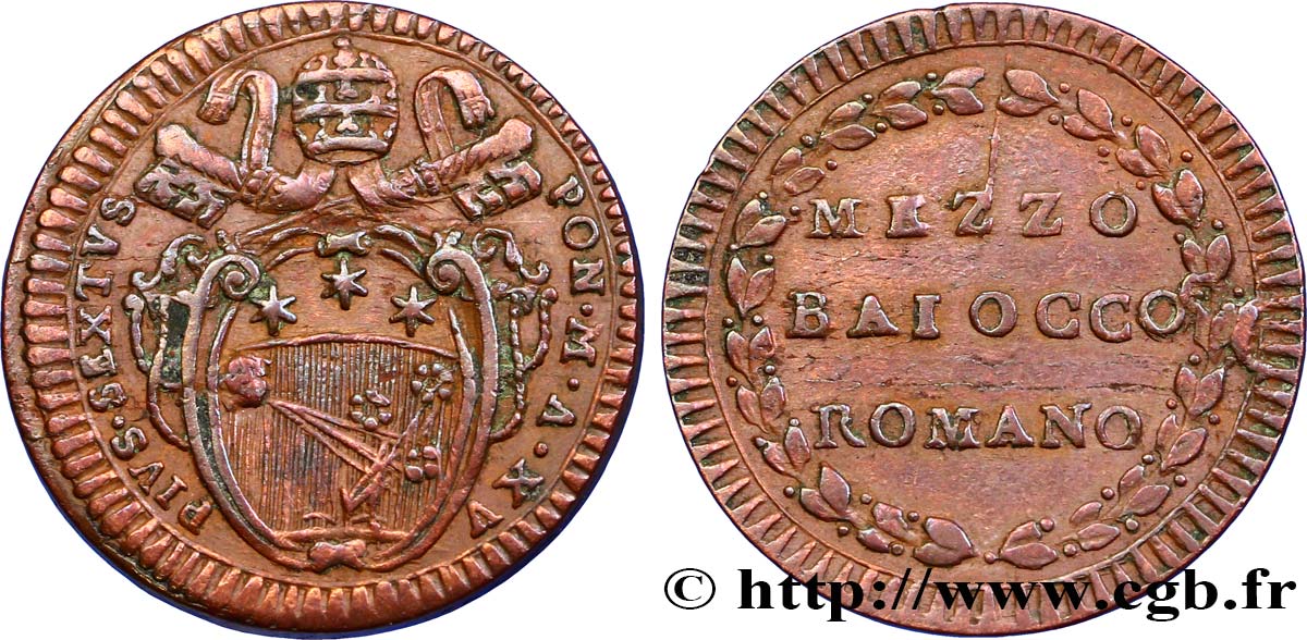 VATICAN ET ÉTATS PONTIFICAUX 1/2 Baiocco armes du vatican frappée au nom de Pie VI an XV 1789  TTB+ 