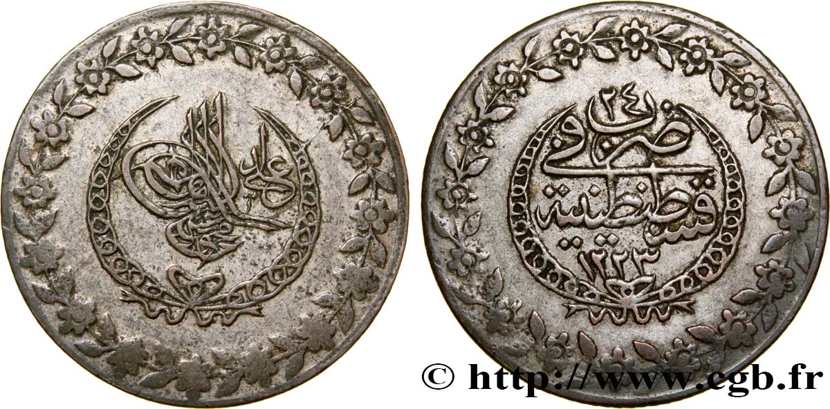 TÜRKEI 5 Kurush au nom de Mahmud II AH1223 / an 24 1830 Constantinople SS 