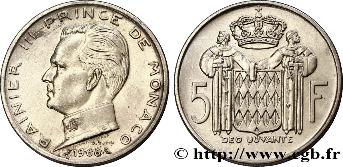 MONACO 5 Francs Prince Rainier III 1966 Paris AU 
