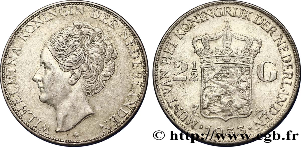 NETHERLANDS 2 1/2 Gulden Wilhelmina 1933  AU 
