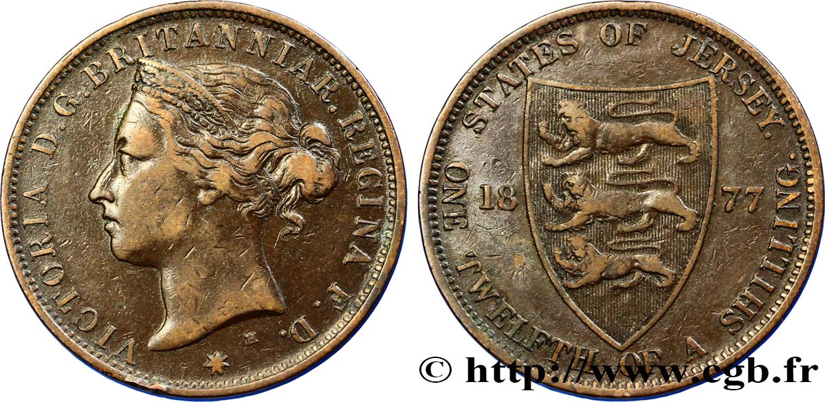 JERSEY 1/12 Shilling Reine Victoria / armes du Baillage de Jersey 1877 Heaton XF 