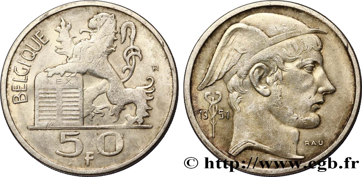 BELGIUM 50 Francs lion posé sur les tables de la loi / Mercure légende française 1951  VF 