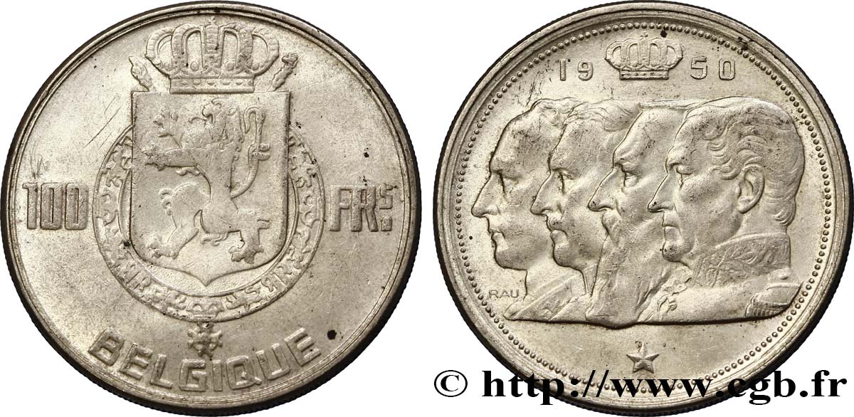 BELGIEN 100 Francs armes au lion / portraits des quatre rois de Belgique, légende française 1950  fVZ 