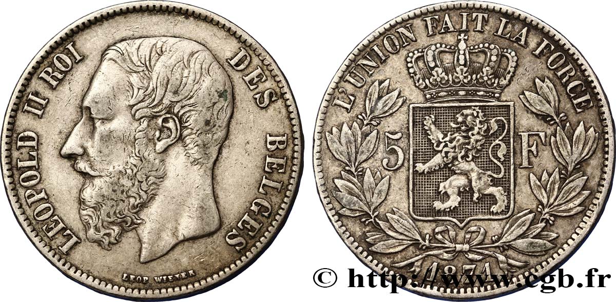 BELGIUM 5 Francs Léopold II 1871  XF 