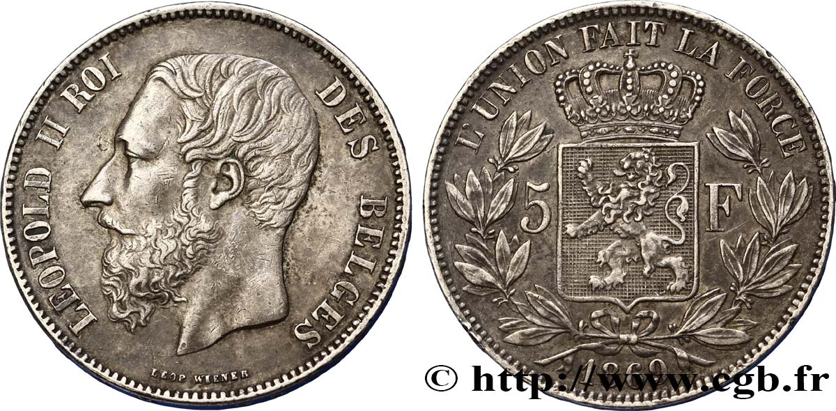 BELGIUM 5 Francs Léopold II tranche A 1869  XF 