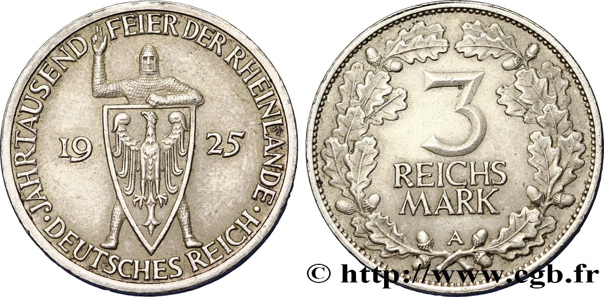 DEUTSCHLAND 3 Reichsmark chevalier - 1000e anniversaire Confédération du Rhin 1925 Berlin fVZ 