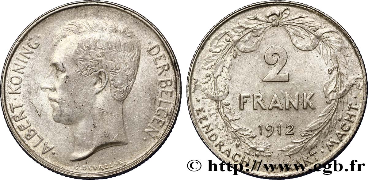 BELGIEN 2 Francs Albert Ier légende flamande 1912  VZ 