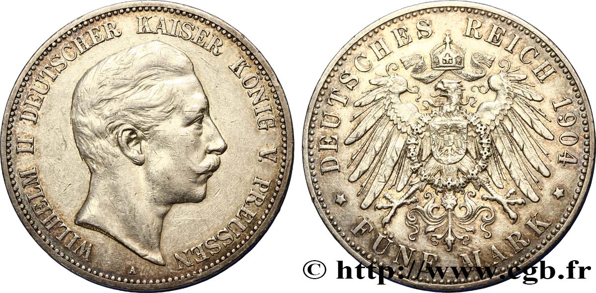 GERMANY - PRUSSIA 5 Mark Guillaume II 1904 Berlin XF 