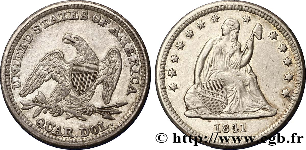 ÉTATS-UNIS D AMÉRIQUE 1/4 Dollar Liberté assise 1841 Philadelphie TTB+ 