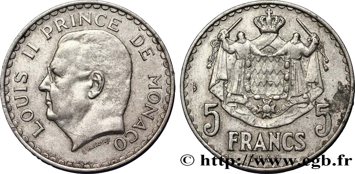 MONACO 5 Francs Louis II / armoiries 1945 Paris BB 
