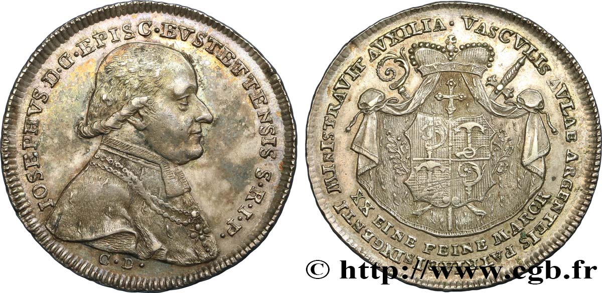 GERMANY - BISHOPRIC OF EICHSAEDT - JOSEPH GRAF VON STUBENBERG 1/2 Thaler de Contribution 1796 Nüremberg AU 