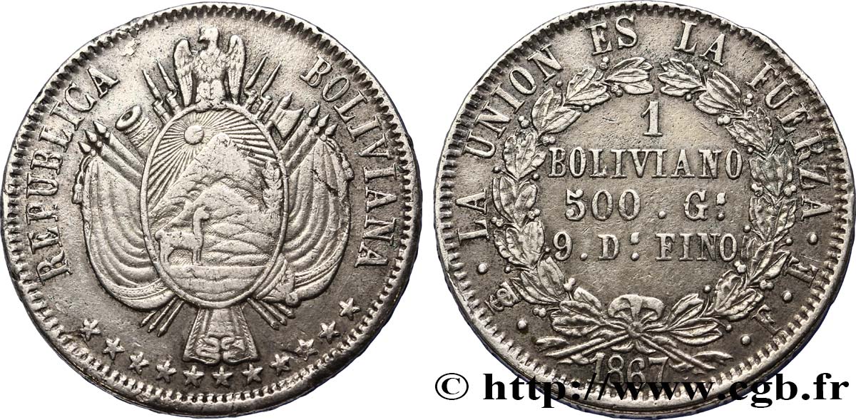 BOLIVIA 1 Boliviano 1867 Potosi XF 