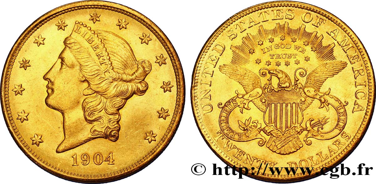 UNITED STATES OF AMERICA 20 Dollars or  Liberty , avec In God we trust 1904 Philadelphie MS 
