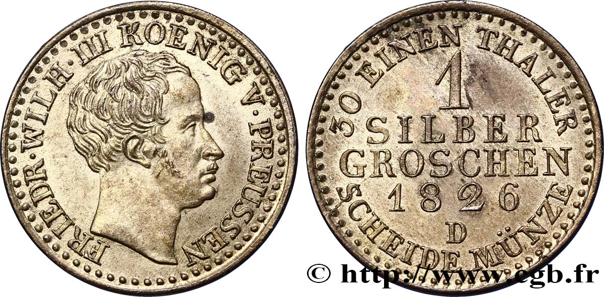 GERMANIA - PRUSSIA 1 Silber Groschen Frédéric Guillaume III 1826 Düsseldorf SPL 
