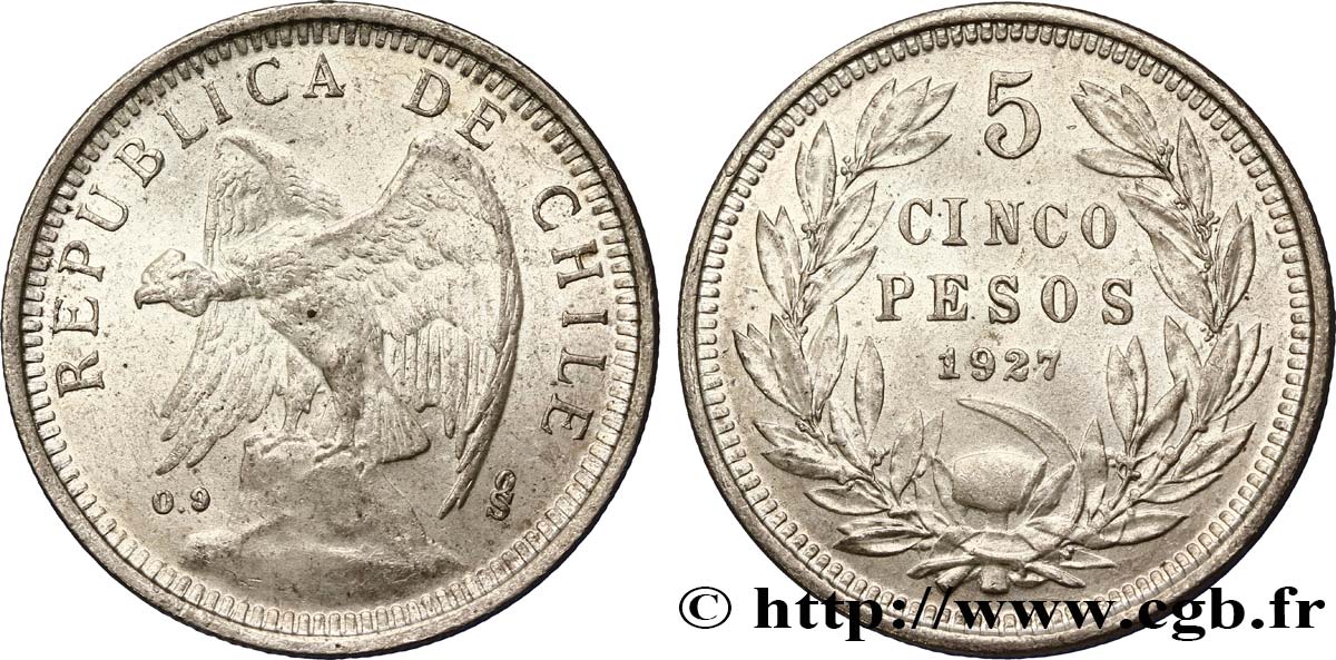 CHILI 5 Pesos condor variété au “5” large 1927 Santiago SUP 