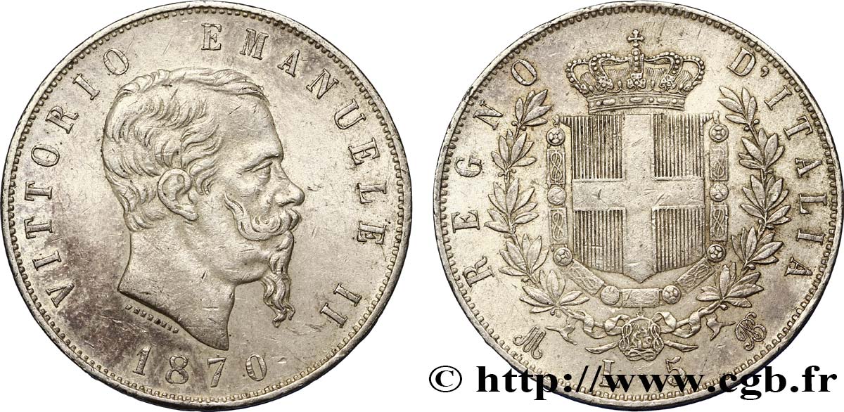 ITALIA 5 Lire Victor Emmanuel II 1870 Milan MBC 
