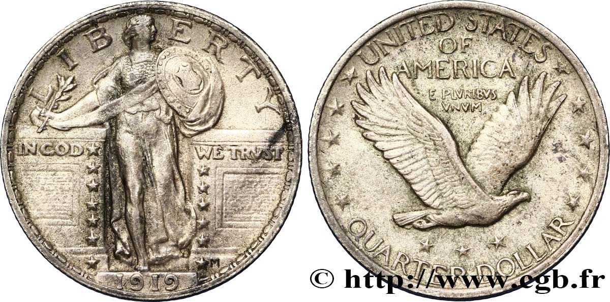 UNITED STATES OF AMERICA 1/4 Dollar Liberté debout 1919 Philadelphie XF 