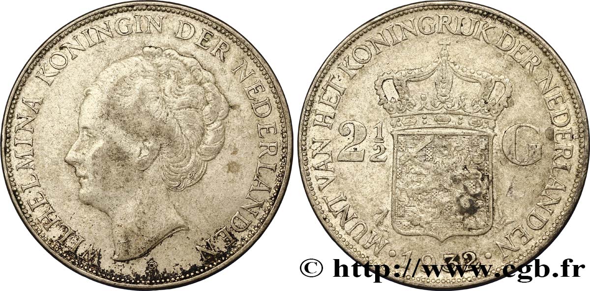 NETHERLANDS 2 1/2 Gulden Wilhelmina 1932  XF 
