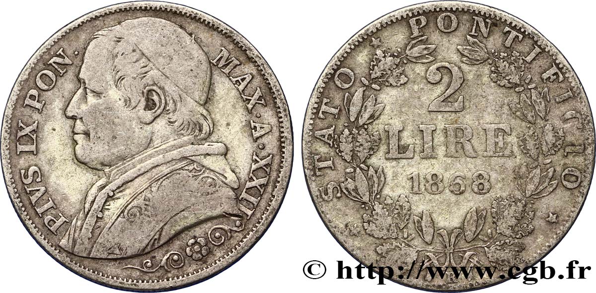 VATICAN ET ÉTATS PONTIFICAUX 2 Lire Pie IX an XXII 1867 Rome TB+ 